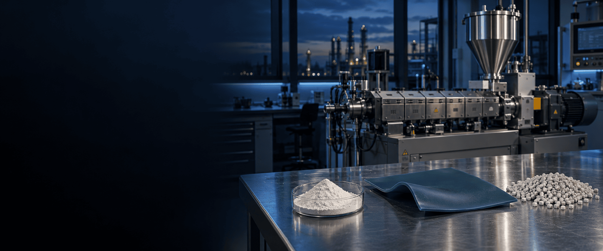 White niobium product, elastomeric polymer sheet and composite pellets shown as distinct material states
