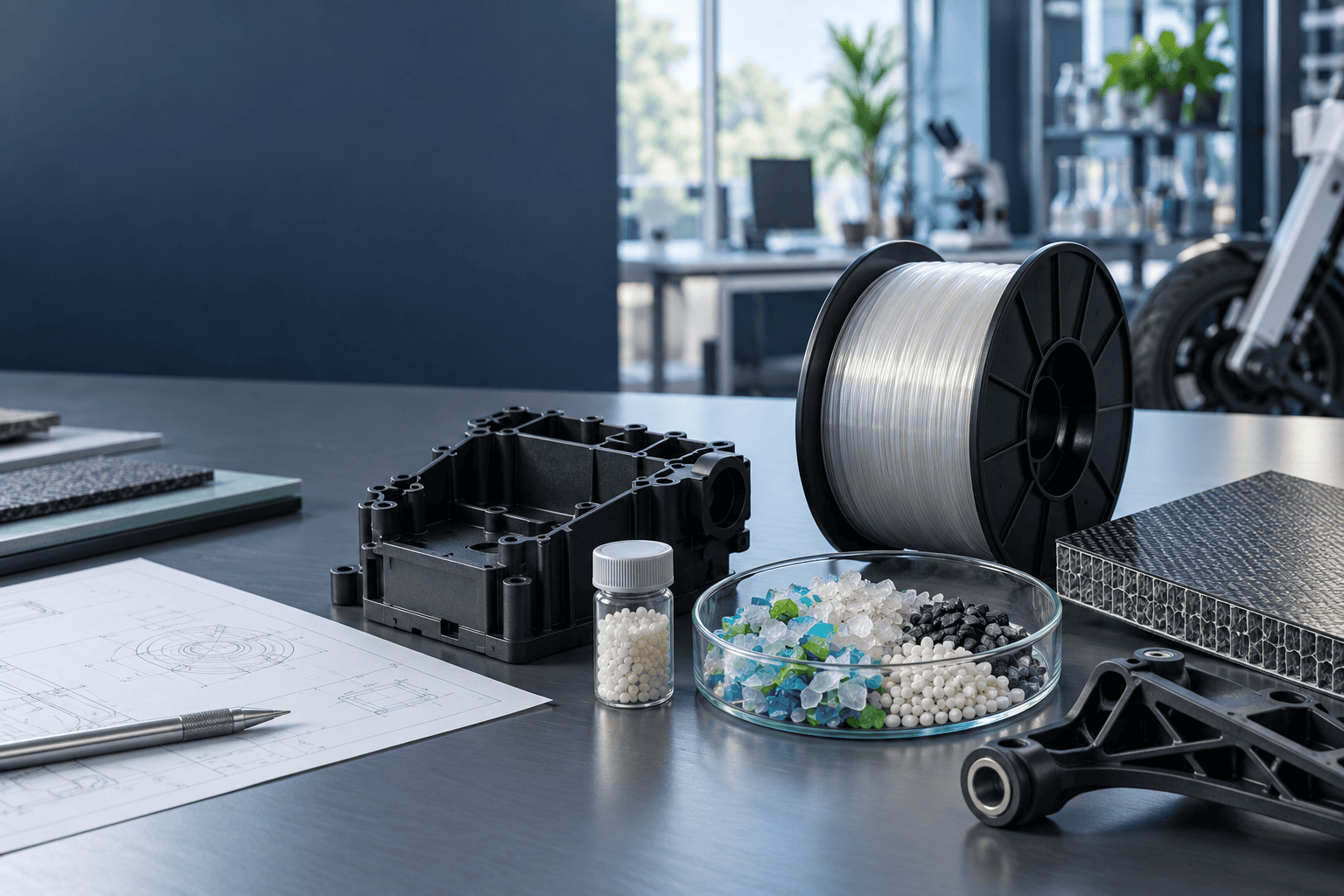 Laboratory extrusion workspace with retained polymer samples, process notebook and measurement tools